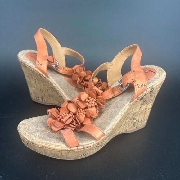 Born Concept Floral Orange Leather Slingback Wedge Heel Sandals - Size 8 - Picture 1 of 10